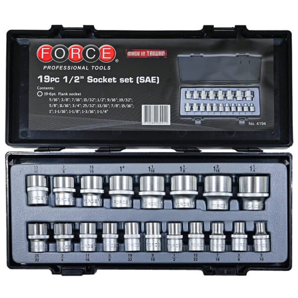 FORCE 19PC 1/2"DR. 12PT. SOCKET SET (5/16"-1-1/4")