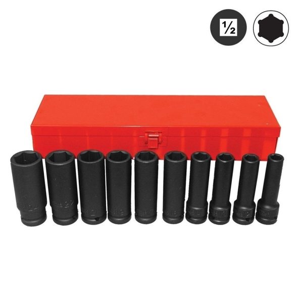10PC 1/2"DR. 6PT. FLANK DEEP IMPACT SOCKET SET (11-24MM) (85MML)