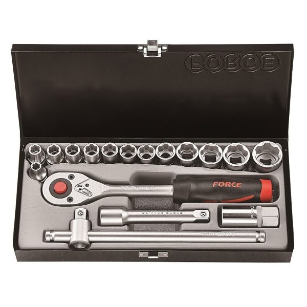 FORCE 17PC 1/2"DR. 6PT SOCKET COMBINATION SET (5/16"-1")