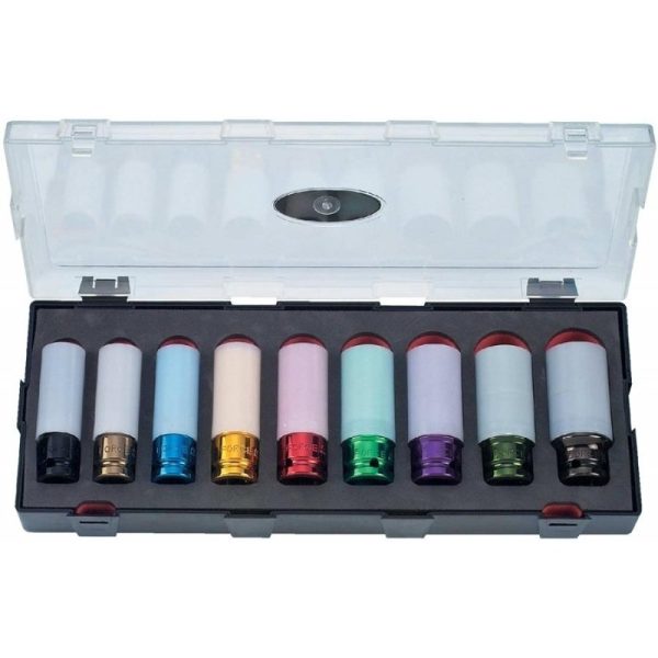 9PC 1/2"DR. COLORED 6PT. FLANK DEEP IMPACT SOCKET SET (14-27MM) (85MML)