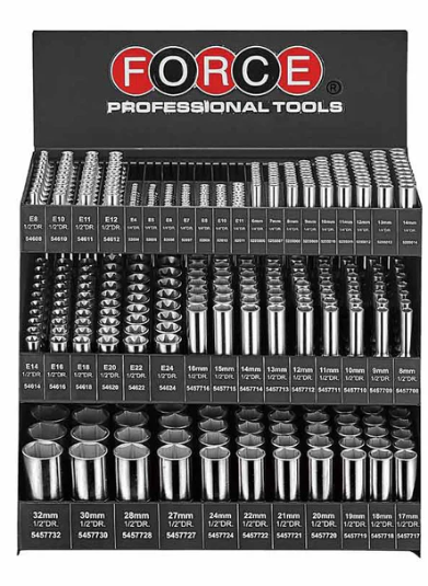 FORCE 3-LAYER SOCKET DISPLAY SHELF WITH 452PCS SOCKETS (1/4", 1/2" DEEP AND STAR SOCKETS)