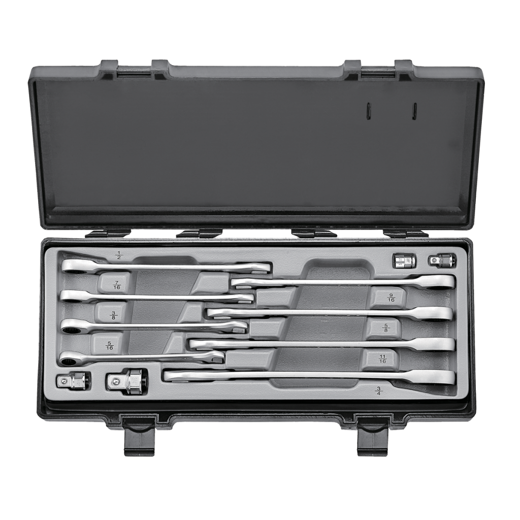 12pc Flat ratchet wrench & adapter set (SAE)