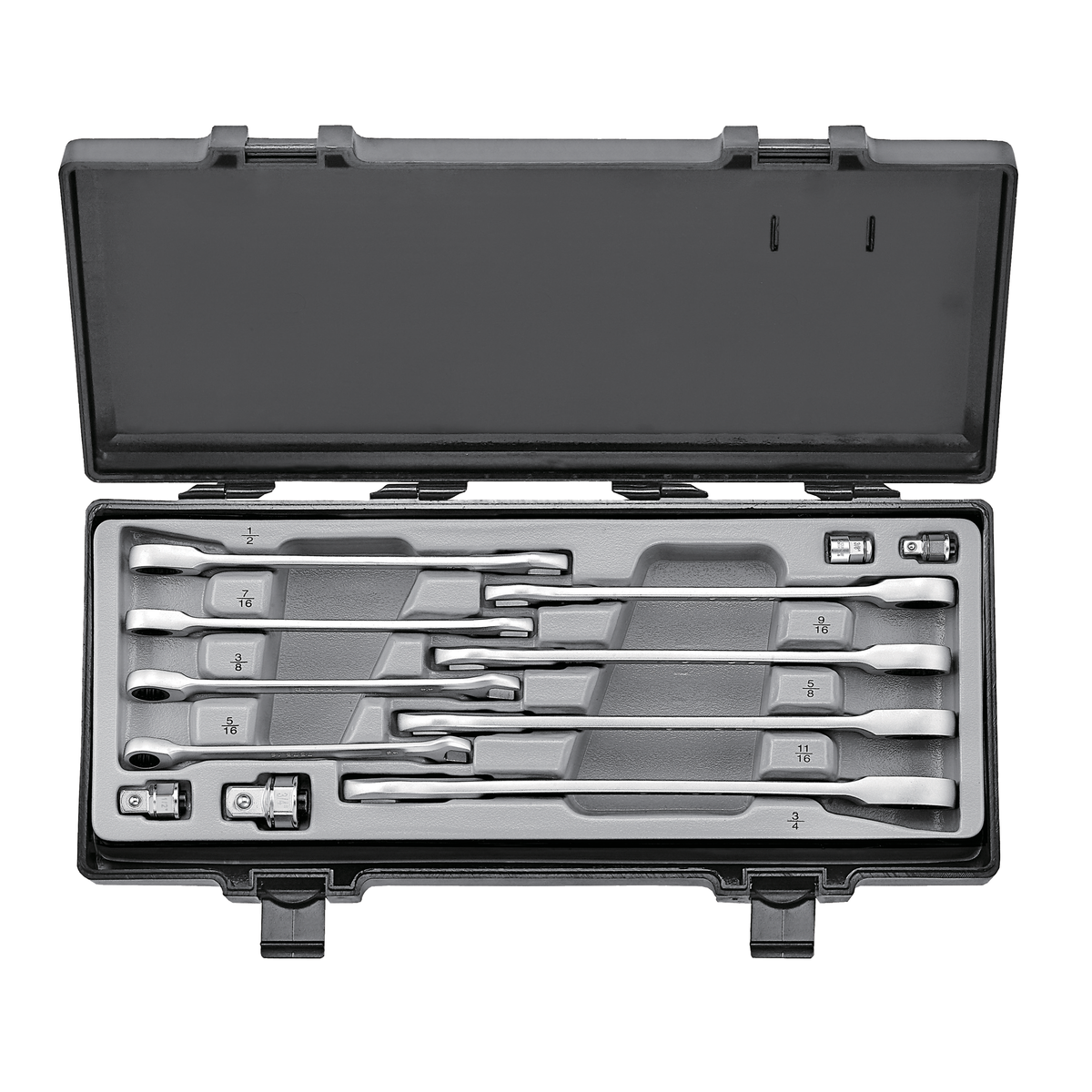 12pc Flat ratchet wrench & adapter set (SAE)