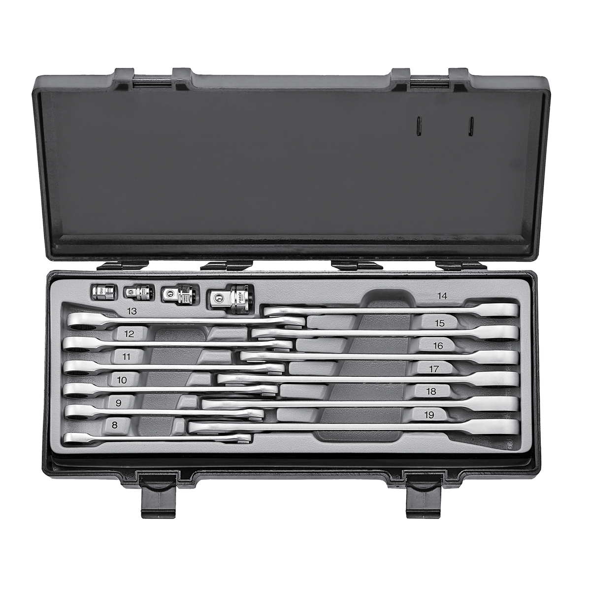 16pc Flat ratchet wrench & adapter set