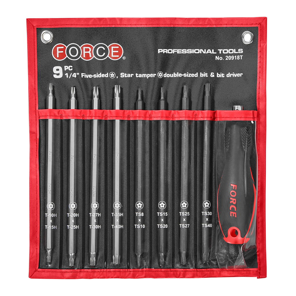 9pc 1/4" Five-sided, Star tamper double-sized bit & bit driver set