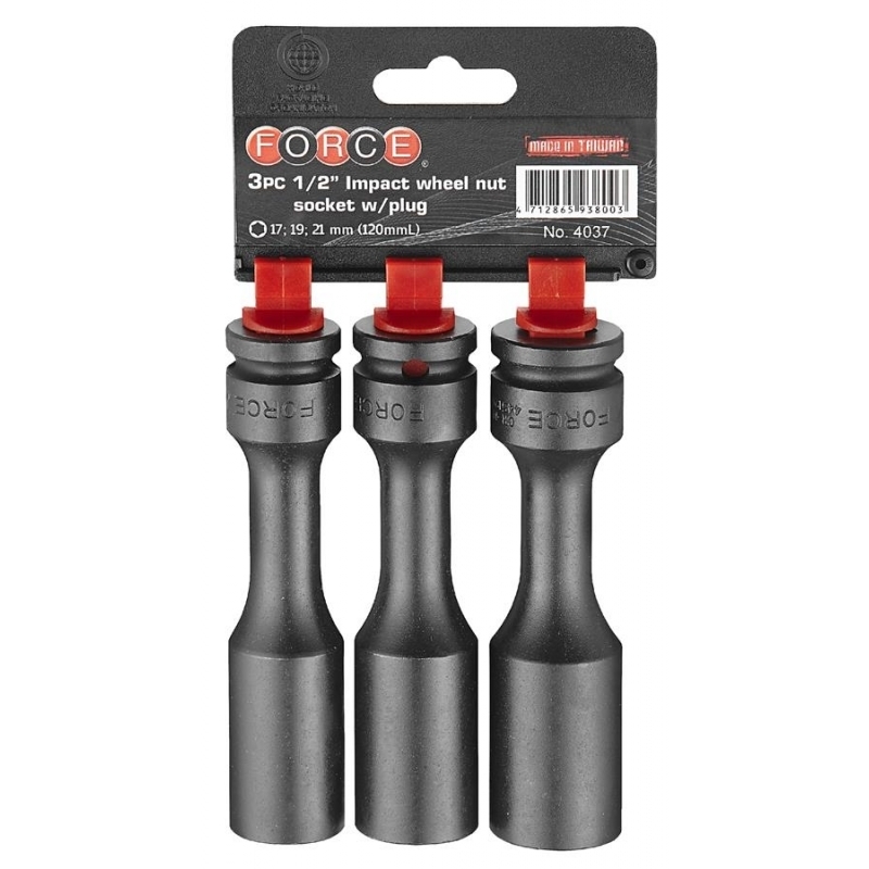 Force 3pc 1/2"DR. Wheel nut 6pt. flank deep impact socket w/plug